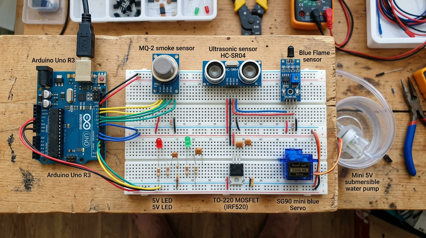 Circuito montado no Arduino Uno e Protoboard com sensores e atuadores