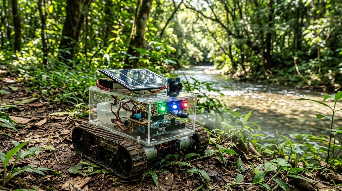 Robô autônomo ecológico operando em campo na floresta e rio